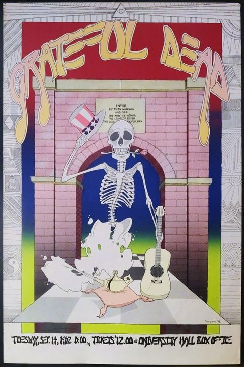 Concert Poster for the Grateful Dead appearing in Charlottesville, 1982